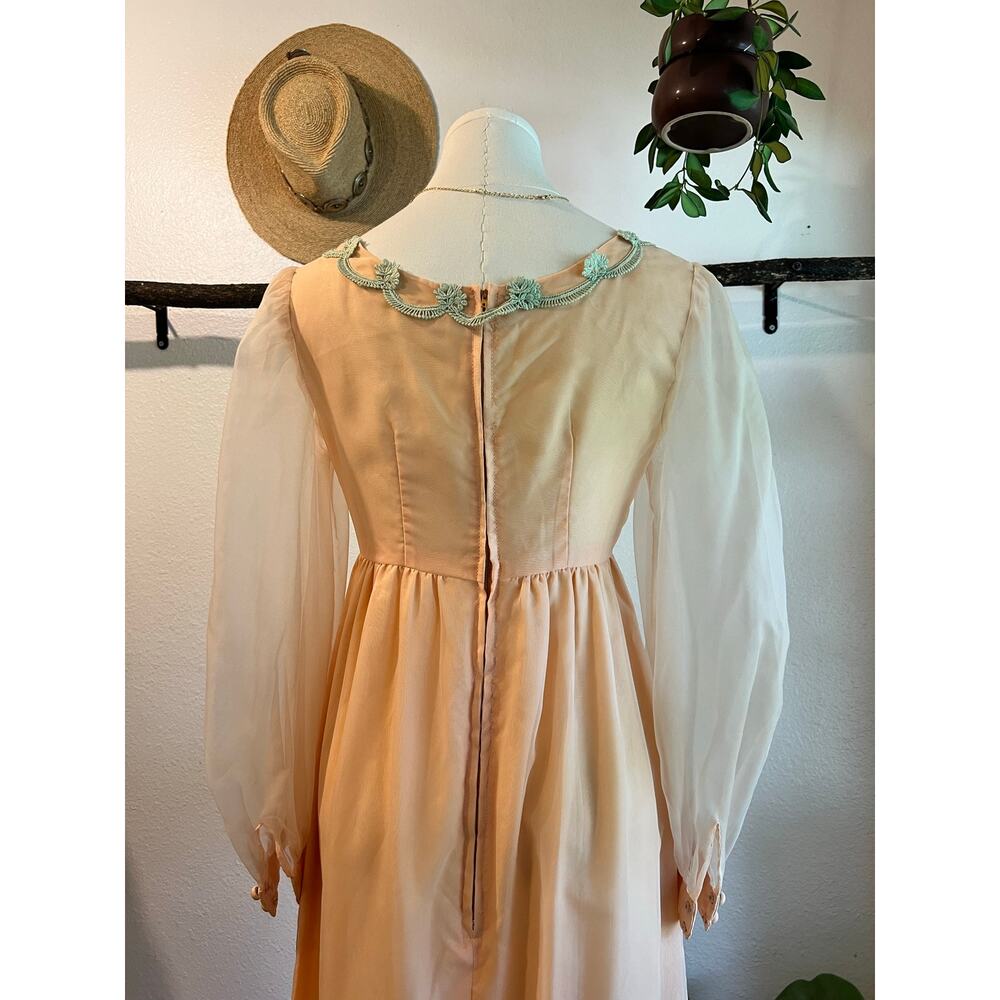 Vintage 60s Peach Green Floral Trim Princess Puffed Long Sleeve Dress Size Small - Picture 9 of 15